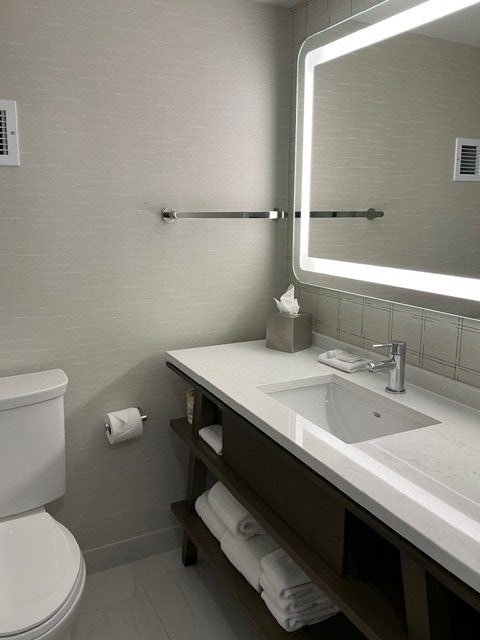 LED-lit mirror and floating vanity