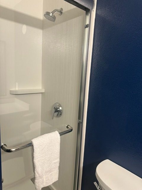 Guest room with navy accent wall